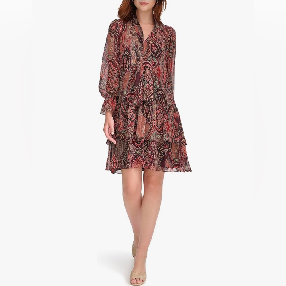 Tommy Hilfiger Women's Long Sleeve Tie Neck Ruffle Cuff and Hen Dress